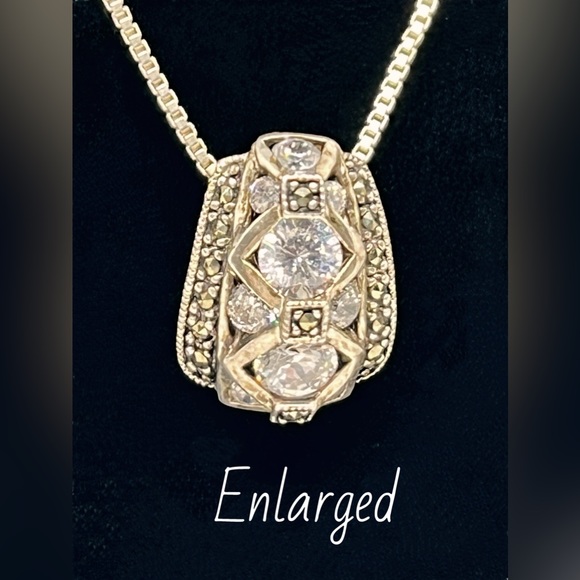 Art Deco 925 Silver Marcasite & Crystal Diamond Pendant - Picture 6 of 6